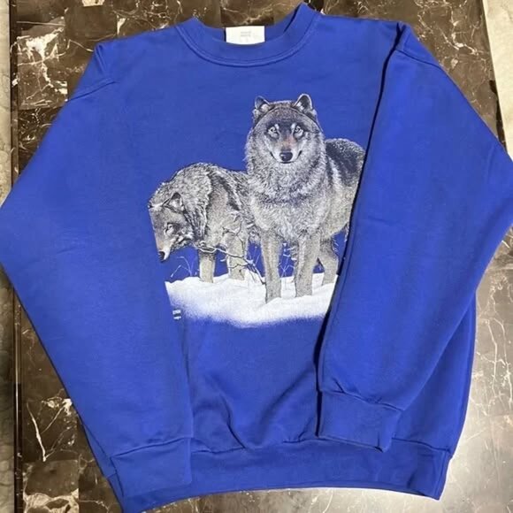 RARE 90s Vintage Northern Getaway Boys Blue Wolf Crewneck Winter Holiday Sweater - Picture 1 of 4